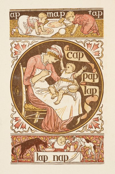 Rimende ord, der slutter på bogstavet P. En illustration, der viser en kvinde, der fodrer et barn. Den gyldne primer. af Walter Crane