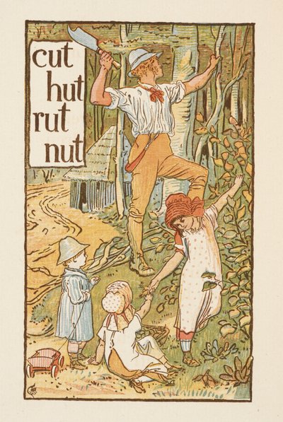 Rimende ord, der ender på bogstavet T. En illustration, der viser en mand, der hugger et træ. Tre børn er med ham. Den gyldne primer. af Walter Crane