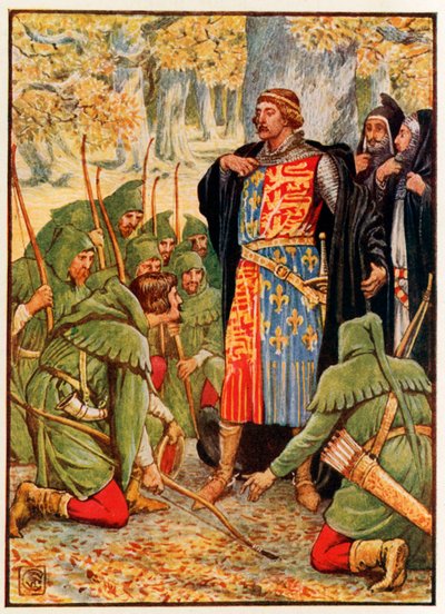 Robin Hood og hans mænd knæler for kongen af Walter Crane