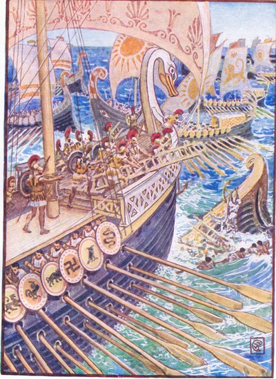Skib styrtede mod skib, indtil de persiske døde strøede dybet som blomster, illustration fra The Story of Greece, 1930