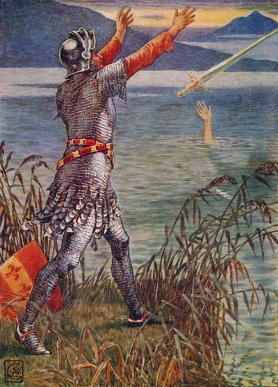 Sir Bedivere kaster sværdet Excalibur i søen, 1911. af Walter Crane