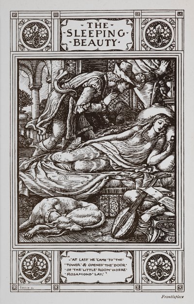 Tornerose ligger og sover omgivet af en sovende hund og et musikinstrument, mens Prince Charming våger over hende. af Walter Crane