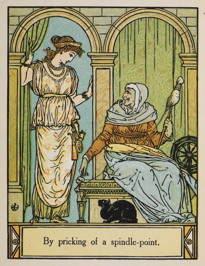 Tornerose står ved siden af en gammel kvinde med spindehjul og tråd. En sort kat sidder nedenunder. af Walter Crane