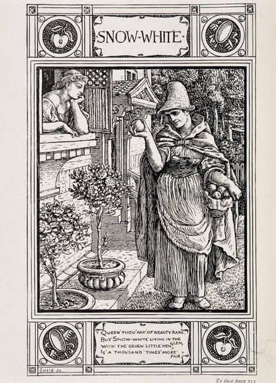 Snehvide og heksen, der passer sit æble - i "" Husholdningshistorier fra samlingen af Bros Grimm", oversat fra tysk af Lucy Crane, London mac millan & Co ltd af Walter Crane