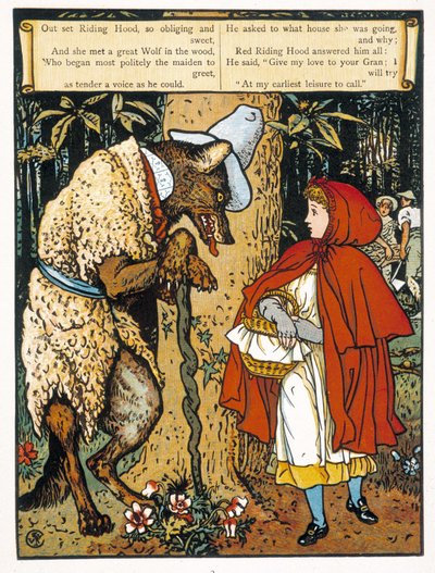 The Little Red Riding Hood (møde med ulven) - af John Lane, Walter Cranes billedbøger, London & New York, deb. 20. århundrede af Walter Crane