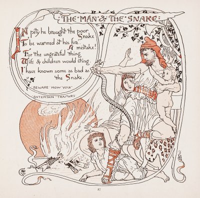 The Man & The Snake, illustration fra Aesops Fables, pub. 1887 af Walter Crane