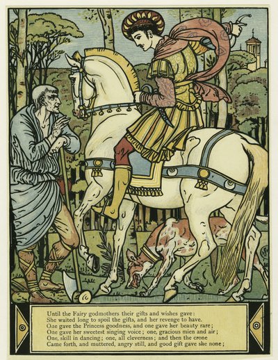 Prinsen spørger om vej fra The Blue Beard Picture Book, pub. 1879 (farve litho) af Walter Crane