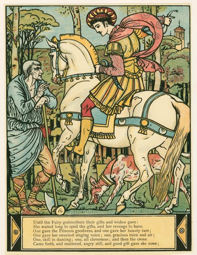 Prinsen spørger om vej fra The Blue Beard Picture Book, pub. 1879 farvelitografi, 1879. af Walter Crane