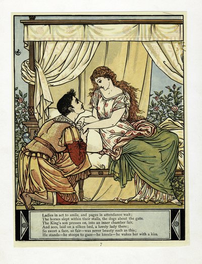 The Prince wakes Beauty, fra The Blue Beard Picture Book, pub. 1879 (farve litho) af Walter Crane