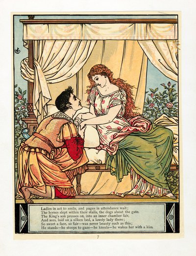 The Prince wakes Beauty, fra The Blue Beard Picture Book, pub. 1879 farvelitografi, 1879. af Walter Crane