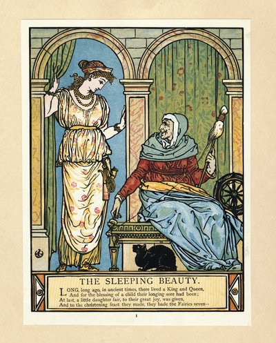 Prinsessen lærer at spinde, fra The Blue Beard Picture Book, pub. 1879 (farve litho) af Walter Crane