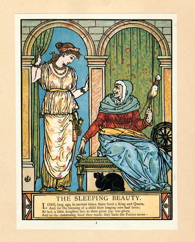 Prinsessen lærer at spinde, fra The Blue Beard Picture Book, pub. 1879 farvelitografi, 1879. af Walter Crane