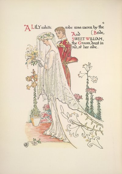 Brudeparret. En liljehvid kappe båret af bruden, og søde William, gommen, klædt i rødt af Walter Crane
