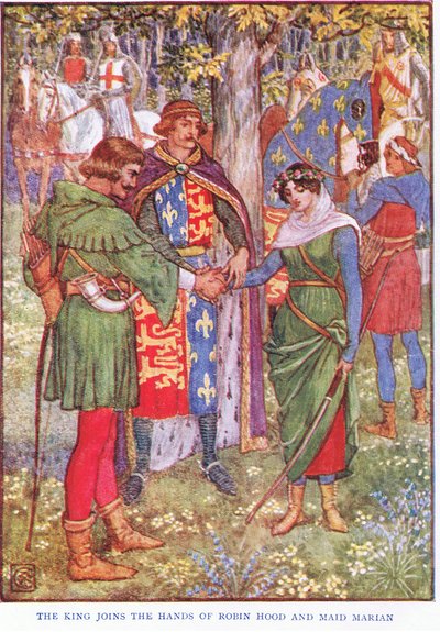 Kongen slutter sig til Robin Hood og Maid Marian, ca. 1920 af Walter Crane