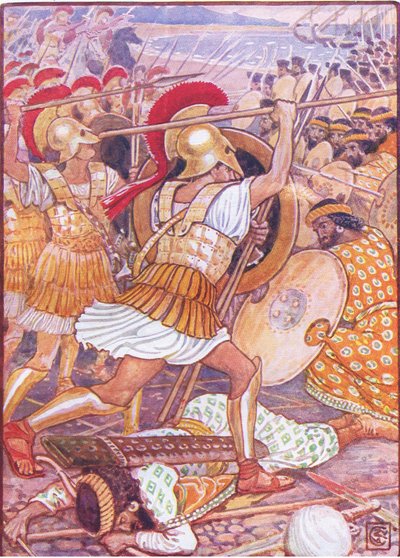 De styrtede ind i den persiske hær med enorm kraft, illustration fra The Story of Greece, 1930