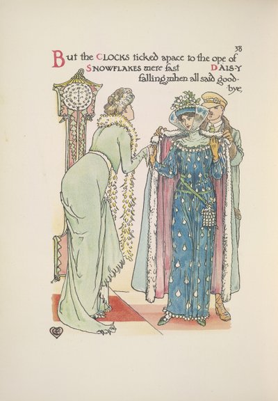 Bryllupsgæster på vej. En dame, der siger farvel; en mand, der hjælper hende på med frakken af Walter Crane