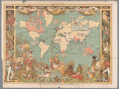 Verdenskort, der viser det koloniale britiske imperium, 1886 Imperial Federation, kort over verden, der viser omfanget af det britiske imperium i 1886 (titel på objekt) af Walter Crane