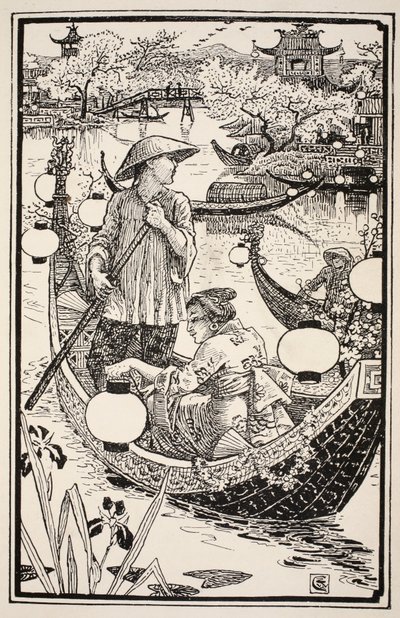 Da aftenen kom, steg de i deres båd igen og omkransede den med blomster fra stævn til agterstavn, illustration fra 