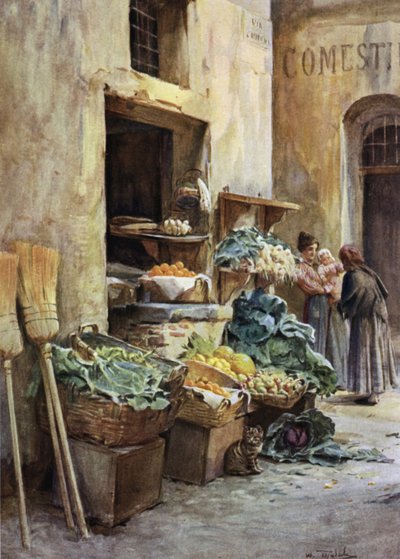 Grønthandlerbutik, italienske riviera (farve litho) af Walter Frederick Roofe Tyndale