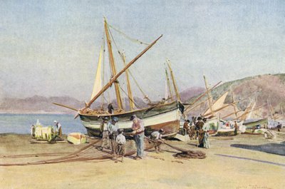 Strand, Sestri Levante (farve litho) af Walter Frederick Roofe Tyndale