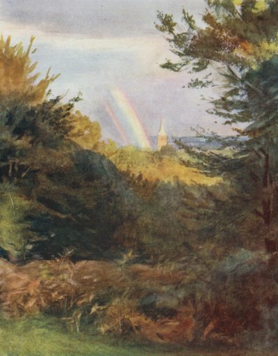 The New Forest: Lyndhurst Church fra Emery Down (farve litho) af Walter Frederick Roofe Tyndale