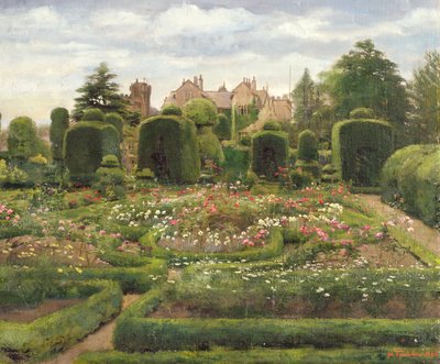 The Topiary Gardens, Levens Hall, Cumbria, 1886 (olie på lærred lagt om bord) af Walter Frederick Roofe Tyndale
