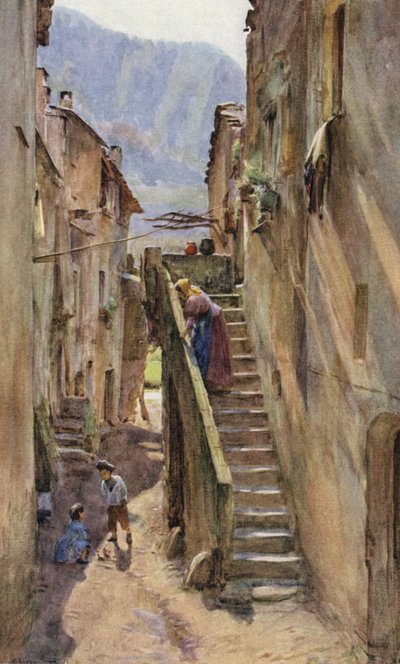Vicolo del Ponte, Villa Nuova Di Albenga, Italien (farve litho) af Walter Frederick Roofe Tyndale