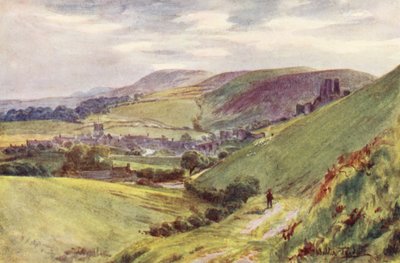 Wessex: Corfe Castle fra Nine Barrow Down (farvelitografi) af Walter Frederick Roofe Tyndale