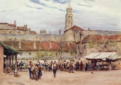 Jugoslavien: Markedsdag i Split (farve litho) af Walter Frederick Roofe Tyndale