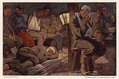 Sårede soldater på rydningsstationen i Roulers, Belgien, Første Verdenskrig (farve litho) af Walter Georgi