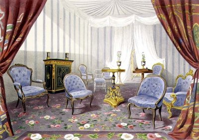 Crystal Palace, Dronningens Retiring Room, fra Erindringer om den store udstilling (farve litho) af Walter Goodall
