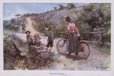 Rådgivende myndigheder: kvinde ude på cykeltur og spørger en gruppe børn om vej (farve litho) af Walter Granville Smith