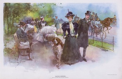 Påskemorgen: kvinde promenerer med sin hund (farve litho) af Walter Granville Smith