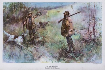 Hans første vingeskud: jagtscene (farve litho) af Walter Granville Smith