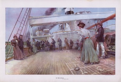 I Mid-Ocean: passagerer, der nyder et spil shuffleboard om bord på et skib (farve litho) af Walter Granville Smith