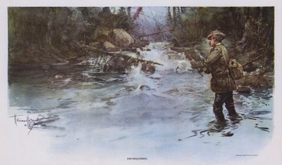 Ubesejret: lystfiskerscene (farve litho) af Walter Granville Smith