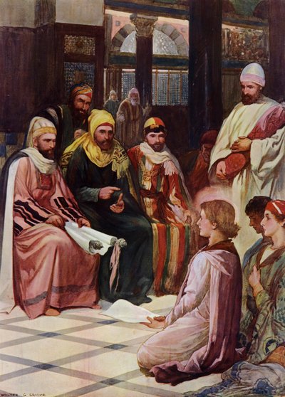 Drengen Jesus i templet (farve litho) af Walter Grieve