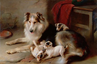 En Collie med Fox Terrier-hvalpe, 1913 af Walter Hunt
