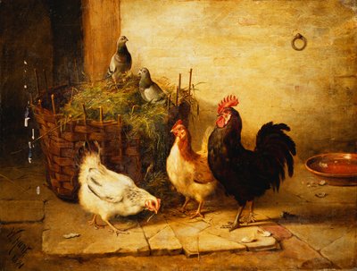 Fjerkræ og duer i et interiør af Walter Hunt