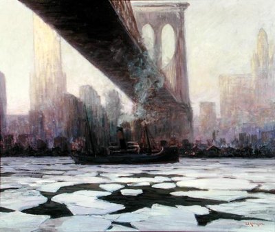 Skib i frosset vand under Brooklyn Bridge (olie på lærred) af Walter Koeniger