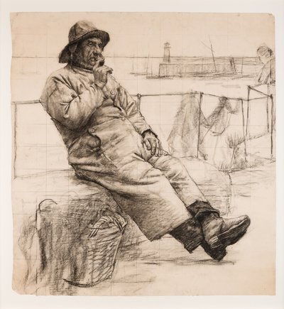 Fisker, der ryger en pibe (kul på papir) af Walter Langley