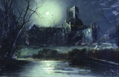 Kirkstall Abbey af Moonlight (olie på lærred) af Walter Linsley Meegan