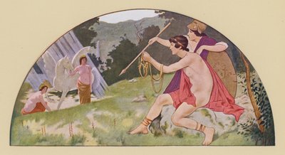 Bellerophon modtager den bevingede hest Pegasus fra Minerva (farvelitografi) af Walter MacEwen