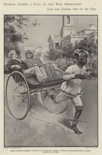 Britisk sømand og soldat tager en tur i en rickshaw gennem gaderne i Durban under en pause i kampene i Boerkrigen (litho) af Walter Paget