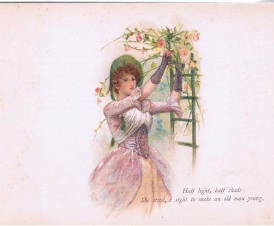 Halv lys, halv skygge, illustration fra Tennyson Pictures udgivet af E P Dutton & Co, ca. 1900 (farve litho) af Walter Paget