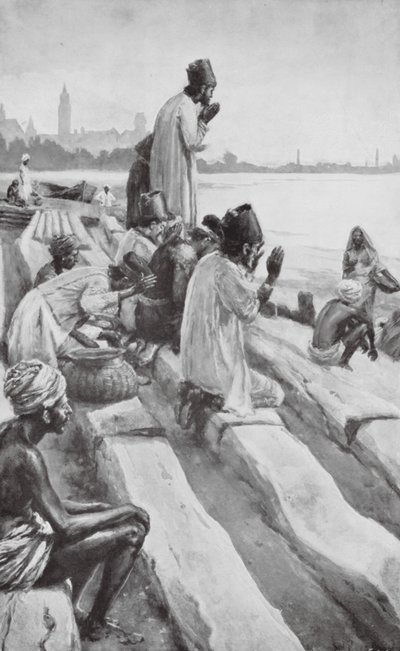 Parsis tilbeder den opgående sol på stranden i Bombay (litho) af Walter Paget