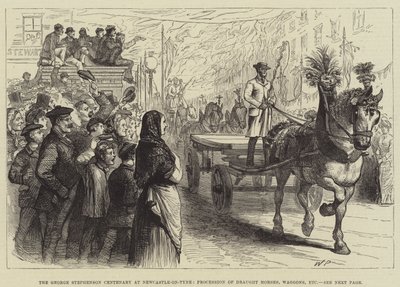 George Stephensons århundrede i Newcastle-on-Tyne, procession af trækheste, vogne osv. af Walter Paget