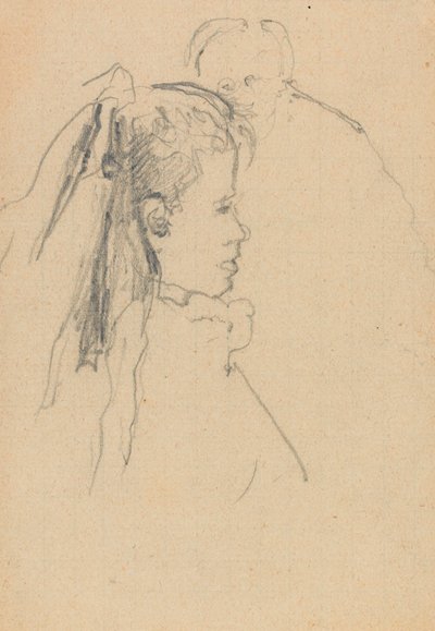 Hoved og buste af en pige i profil til højre, hoved af en mand, fuld foran, bagved (grafit på papir) af Walter Richard Sickert
