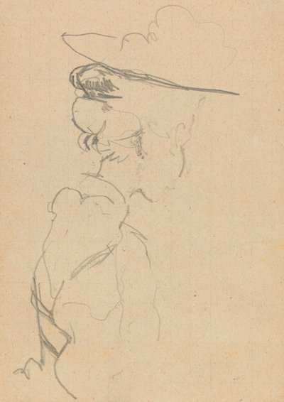 Hoved og skuldre af en kvinde med hat, i tabt profil, mod højre (grafit på papir) af Walter Richard Sickert