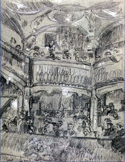 La Gaite Montparnasse, ca. 1907 (kridt på papir) af Walter Richard Sickert